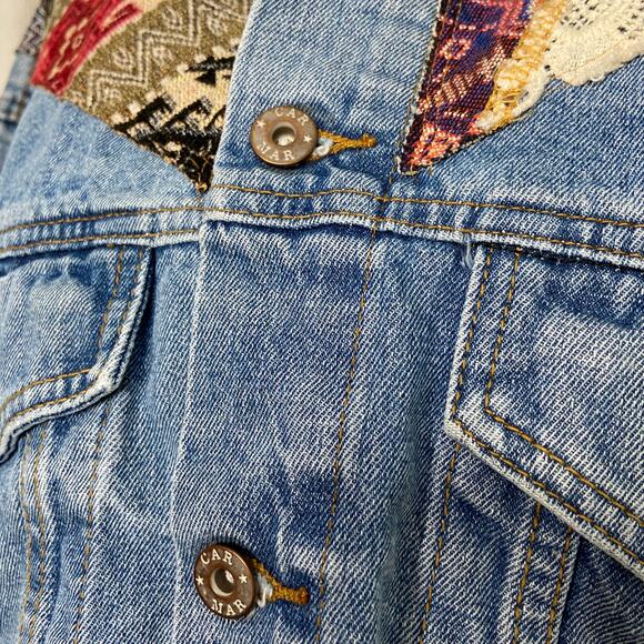 Carmar Tapestry Crop Jean Jacket Blue Denim LF Lace Boxy Festival Boho Size XS - Picture 3 of 9